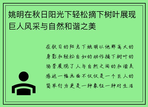 姚明在秋日阳光下轻松摘下树叶展现巨人风采与自然和谐之美