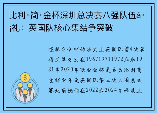 比利·简·金杯深圳总决赛八强队伍巡礼：英国队核心集结争突破